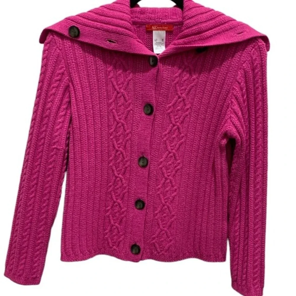 Anne Klein Cardigan Women Size M Pink Excellent Cable Knit Portrait Collar - Picture 2 of 9